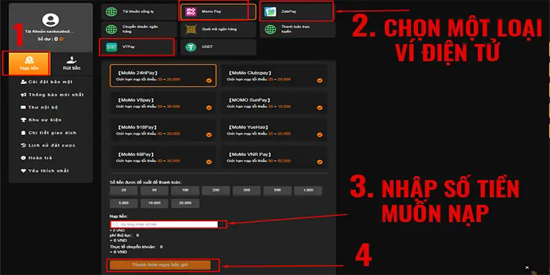 Các bước nạp tiền qua ví điện tử