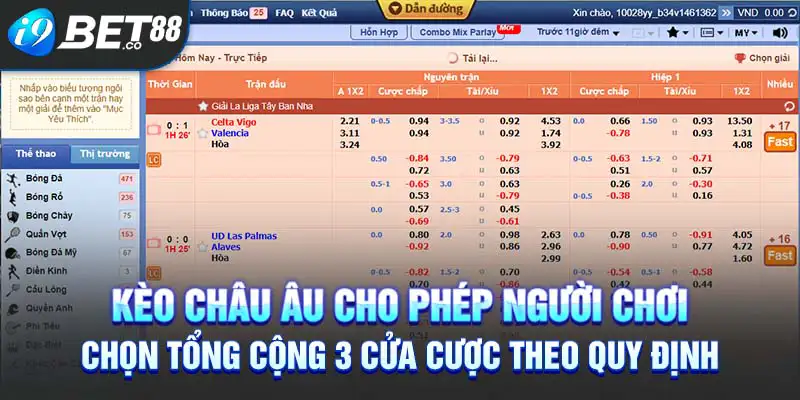 Kèo châu Âu cho phép người chơi chọn tổng cộng 3 cửa cược theo quy định